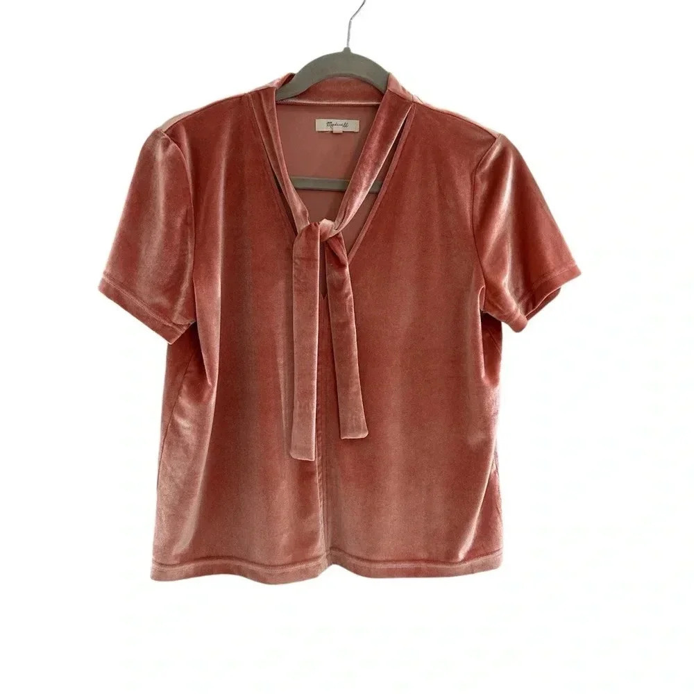 Madewell Velvet Tie Neck Top Dried Coral Short Sleeve Women’s Size Medium EUC - Picture 2 of 7